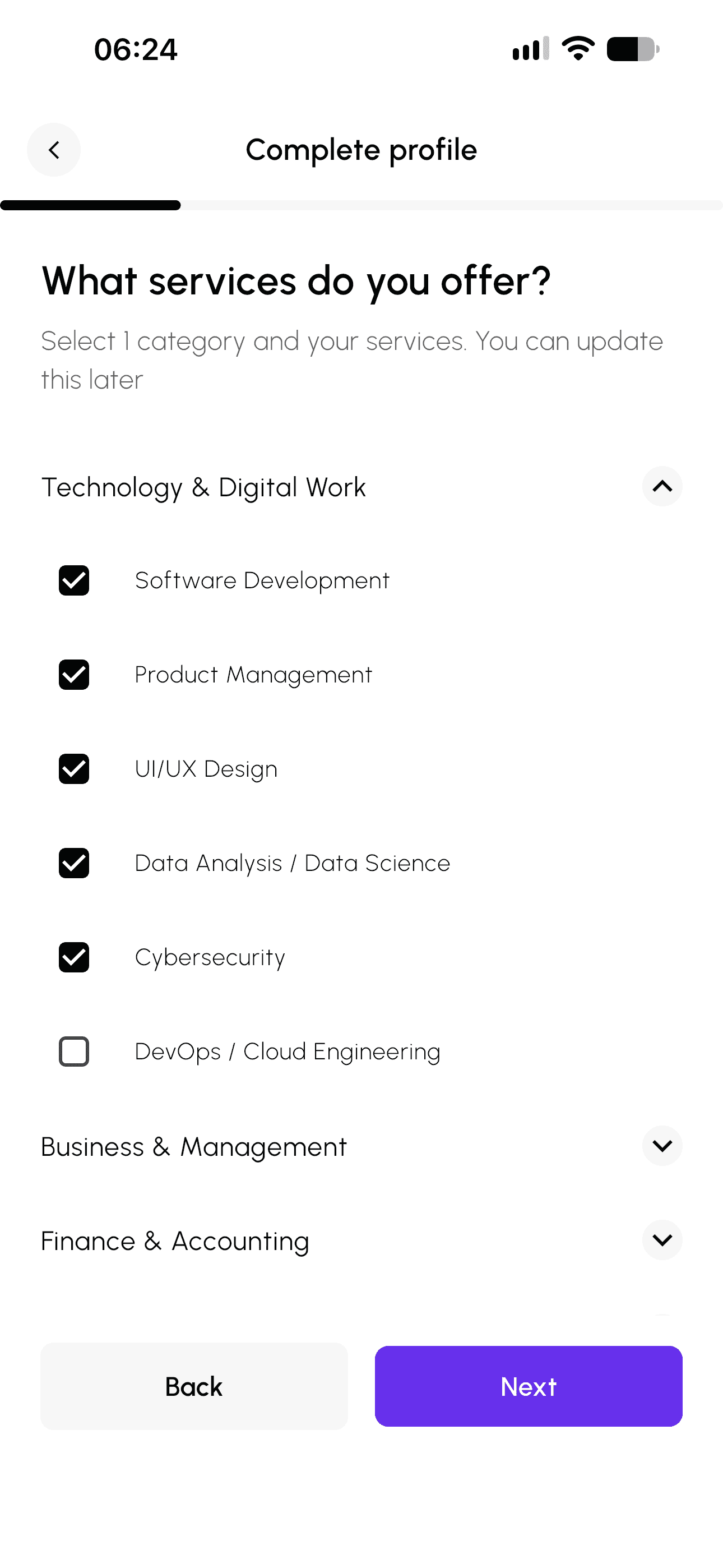 Freelancer profile creation step 1
